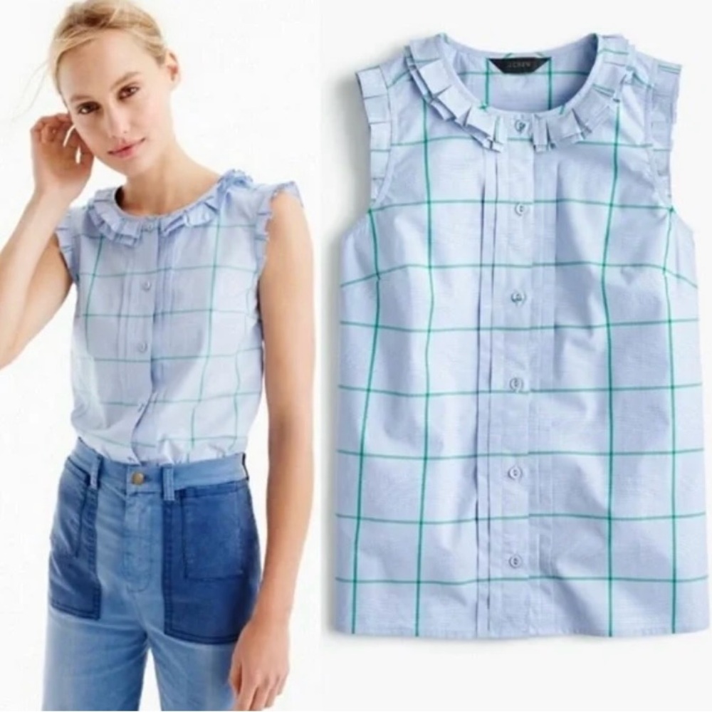 EUC J Crew Blue Green Ruffled Windowpane blouse